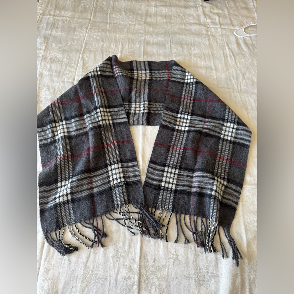 Plaid Fringe Scarf in Gray and Red